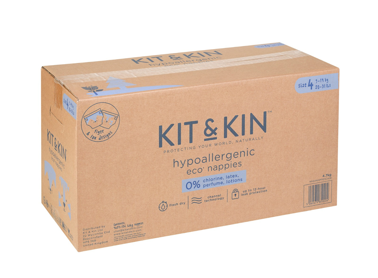Eco-Friendly Hypoallergenic Diapers Kit&Kin, Size 4, 9-14 kg, 128 pcs